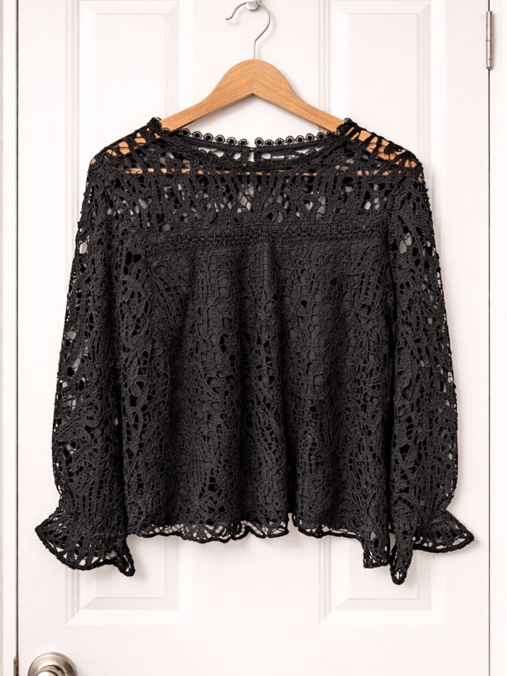 River Island Black Crochet Lace Long Sleeve Blouse Top US 14 Relaxed Fit Boho